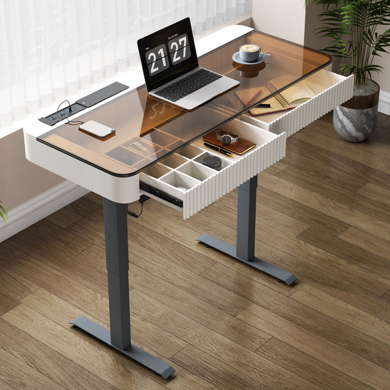 Standing desk with built-in outlet, glass top, Beige, 29.5" H x 50" W x 23" D