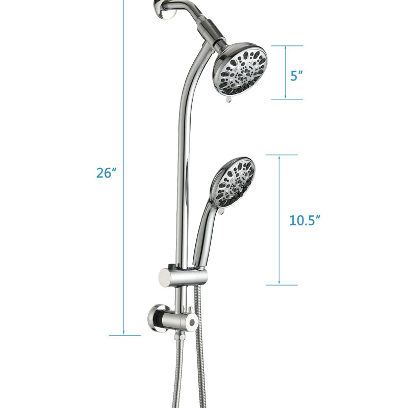 Douchette à 7 jets et pomme de douche à effet pluie de 5 pouces avec barre coulissante réglable de 26 po, installation double débit 18 gallons par minute, aspect nickel brossé, composants en acier inoxydable, pomme à angle réglable, facile
