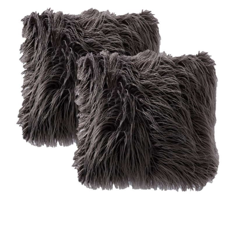 Faux Fur Throw Cushion Square Pillow Cover Only, 20" x 20", Dark Grey