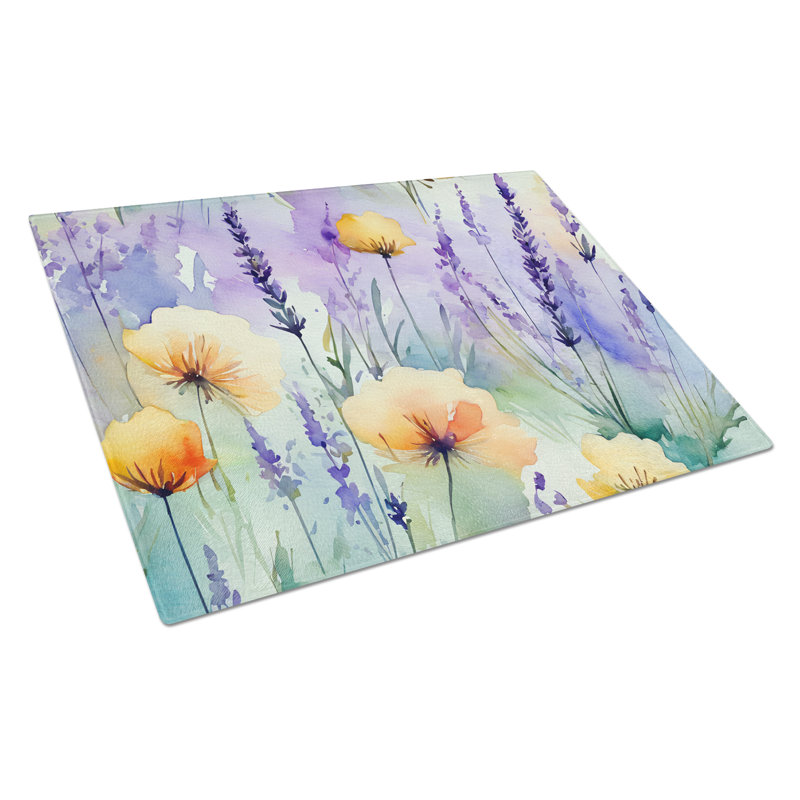 Lavender and Poppies Watercolor Glass Cutting Board 15x12