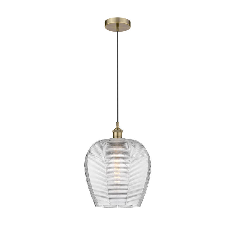 Luminaire suspendu simple à 1 lumière Laneika, Laiton antique, H 15,13 po x l 11,75 po x P 11,75 po, Transparent