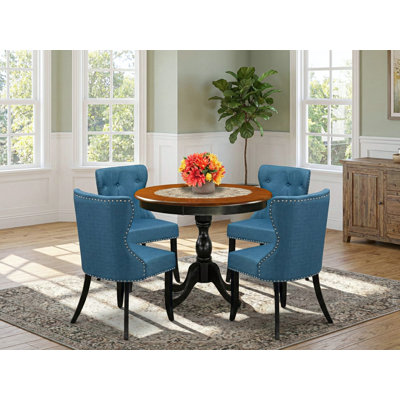 5-Piece Dining Table Set Contains a Mid Century Dining Table and 4 Blue Linen Fabric Midcentury Modern Dining Chairs with Button Tufted Back - Black Finish