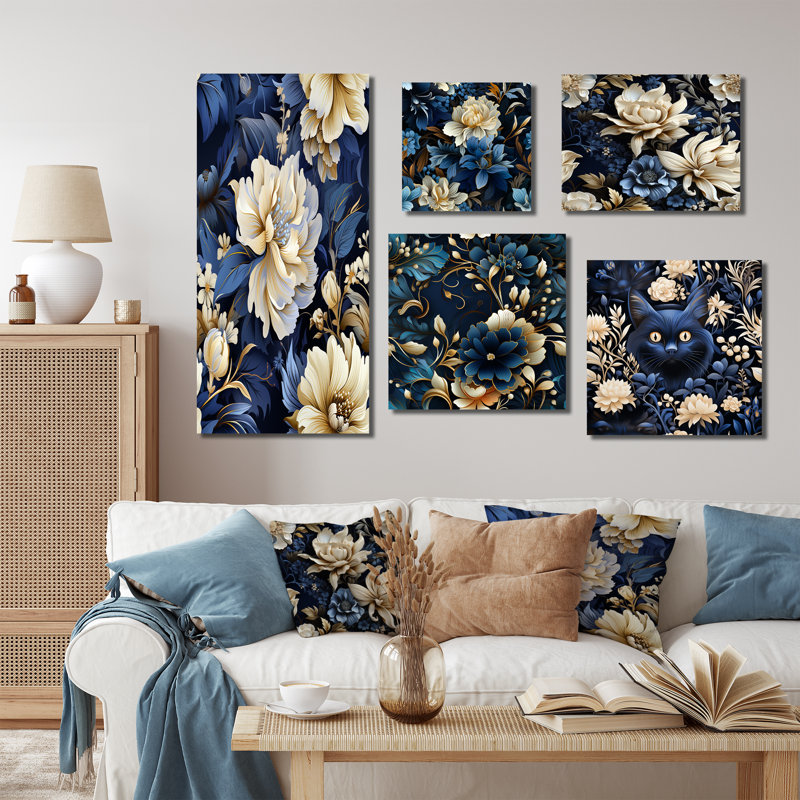 Claudia - ensemble de 5 reproductions d'art sur toile florale, Toile tendue