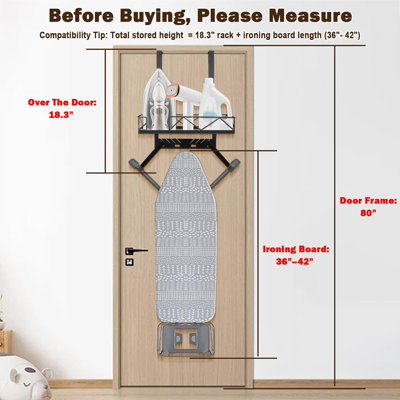 Over-the-Door Ironing Board Hanger with Storage Basket – Heavy-Duty Metal Organizer for Laundry Room