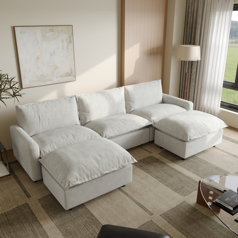 5-Piece Upholstered Modular Linen Fabric Sectional Sofa With Ottoman, Beige Linen, 35.04" H x 116.14" W x 59.44" D