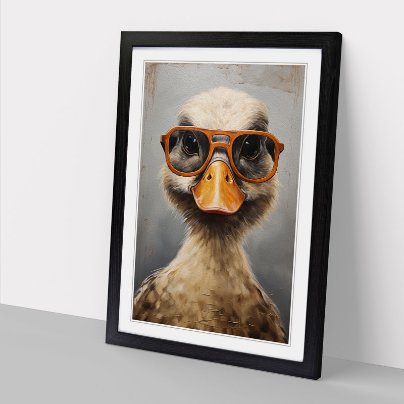 Duck With Glasses Painting - Single Picture Frame Print on Wood, Black Framed, 64cm H x 46cm W