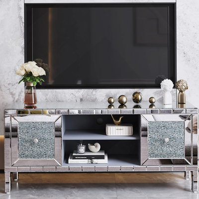 Meuble télé 60 po à miroir avec portes en verre concassé - centre de divertissement multimédia moderne pour le salon, console de rangement réglable pour téléviseur de 65 po