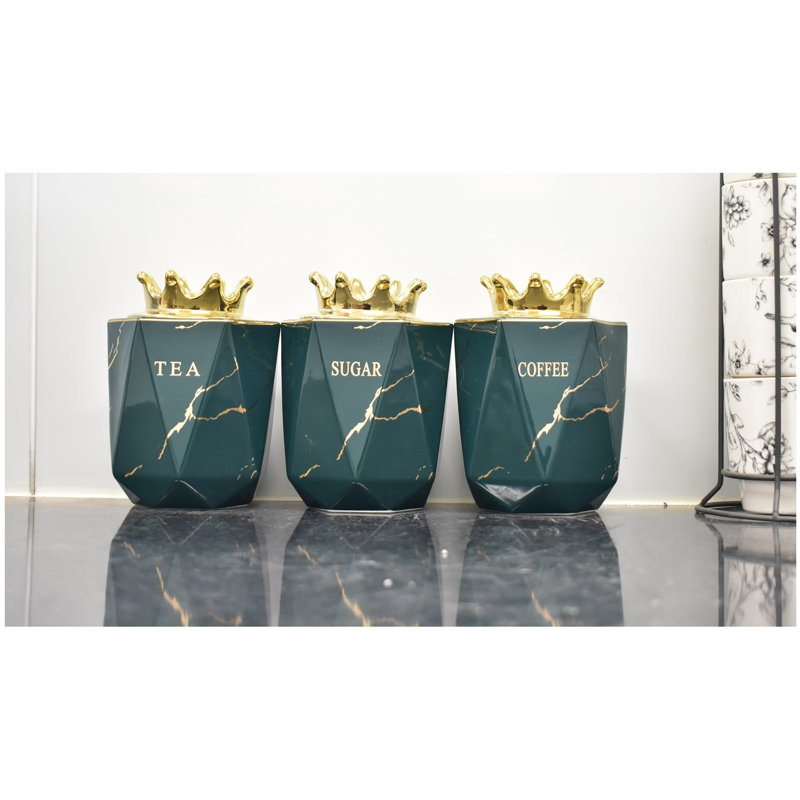 Ceramic / Porcelain Jar - Set of 3, Green/Gold