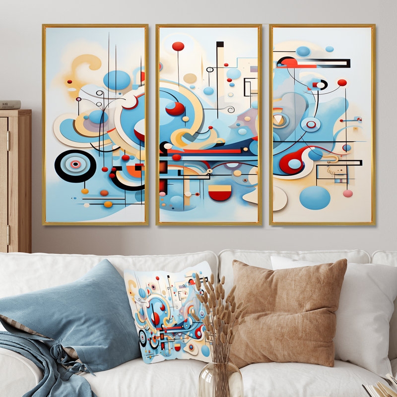 Mid-Century Symphony Blue Jazz I - ensemble de décoration murale géométrique, Cadre flottant doré, H 40 po x l 60 po x P 1 po