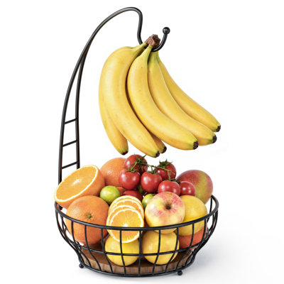 Panier à fruits de grande capacité pour comptoir de cuisine avec support à banane et base en bois, grand support de rangement pour fruits et légumes