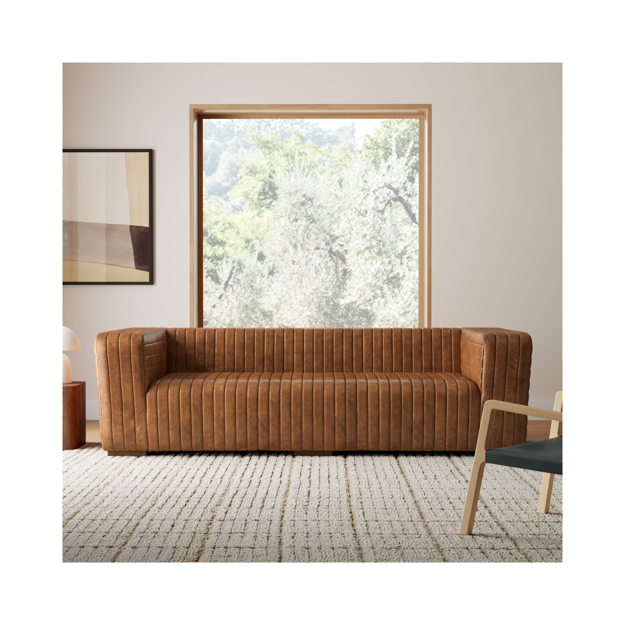 Jeanette 95" Genuine Leather Square Arm Chesterfield Sofa, Cappuccino Genuine Leather