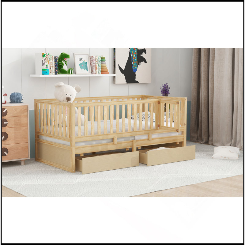 Twin Size Wood Daybed With Fence Guardrails And 2 Drawers, Split Into Independent Floor Bed & Daybed, Natural, Twin
