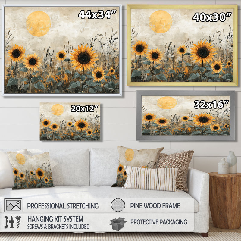 Hiver, tournesols, champs dans la campagne I - tournesols, art mural, H 28 po x l 60 po, Impression encadrée flottante, Doré