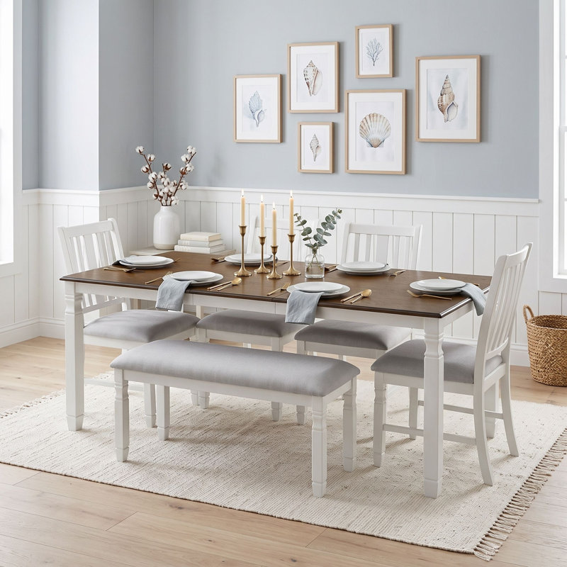 Ensemble de table de salle à manger six pièces avec quatre chaises rembourrées et banc, Beige brun