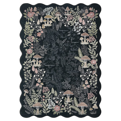  Tapis festonné de style botanique - Tapis lavable antidérapant à poils courts, doux, pliable et résistant aux marques pour le salon, la chambre à coucher, la chambre de bébé, la salle à manger, noir, 5 x 7 pi (152 x 213 cm)