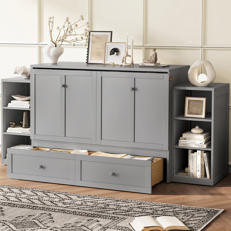 Space-Saving Full Murphy Bed With Storage, Light Gray