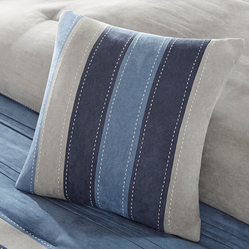 Édredon 7 pièces bleu marine en microsuède, 2 taies décoratives, 1 jupe en microsuède, détails, rembourrage