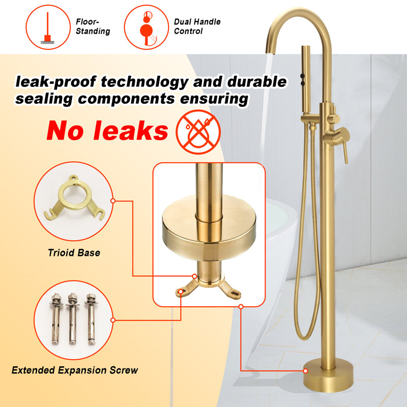 2 Handle Floor Mounted Freestanding Tub Filler with Brass Two-Function Handshower and Diverter, Brushed Brass