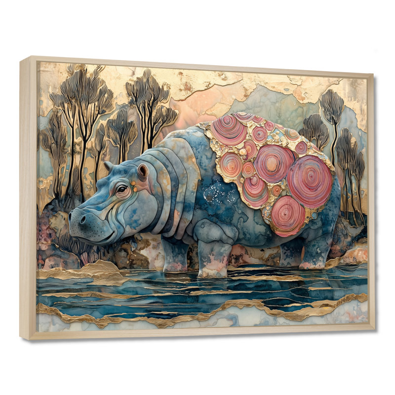 Hippopotame abstrait sérénité en Afrique II - Hippopotame mural, H 24 po x l 32 po, Impression sur cadre flottant, Noir