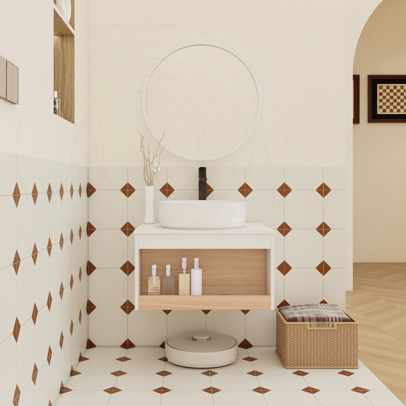 Meuble-lavabo flottant 24 po avec lavabo vasque rond blanc brillant, 23.62", White