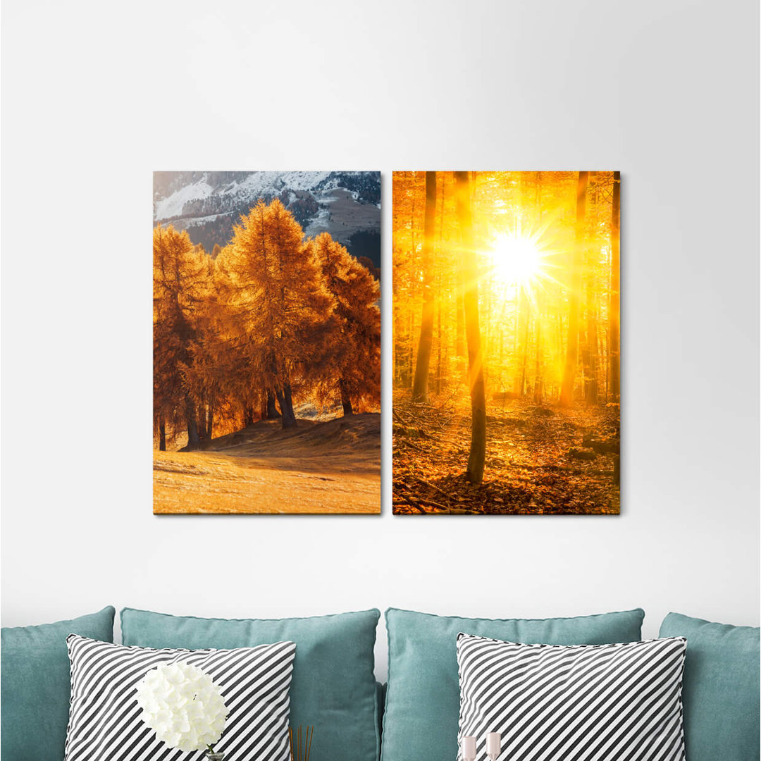 2-tlg. Leinwandbilder-Set - Fotografie „Trees Forest Autumn Sunshine Warm Light Relaxing Positive Energy”