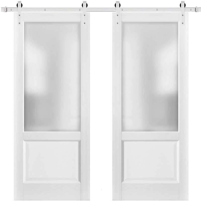 Portes de grange coulissantes doubles avec quincaillerie | Soie blanche Lucia 22 avec verre opaque givré | Ensemble de rail robuste de 13 pi | Portes de salle de bain à panneau en bois massif Kitchen Lite - Rail argenté - Verre givré
