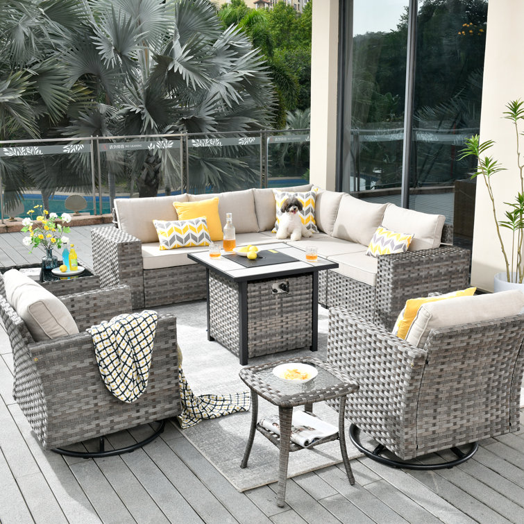 Baili 7 - Person Outdoor Wicker/Rattan Sectional Seating Group with Swivel Chairs, Modern Modular Conversation Set with Cushions