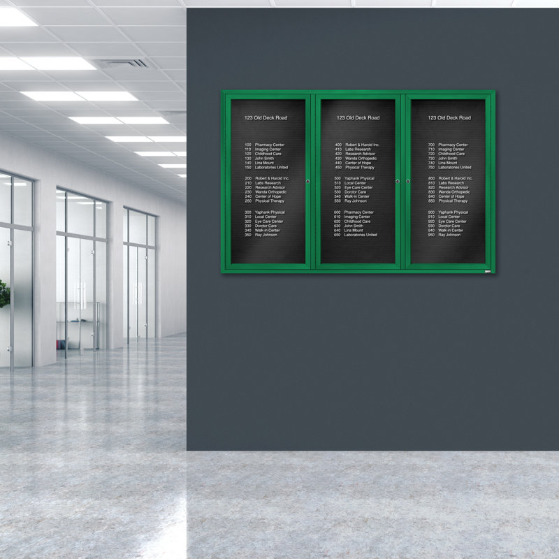 Tableau d'affichage mural fermé pour armoire d'annuaire, Vert thermolaqué, Trois, 48 po x 72 po