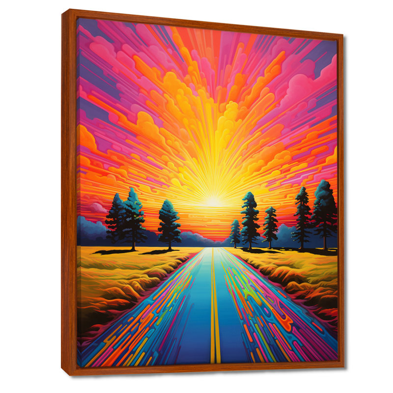 Glorious Sunset Country Road Trees - Art mural paysage, H 44 po x l 34 po, Cadre flottant noir, bois massif