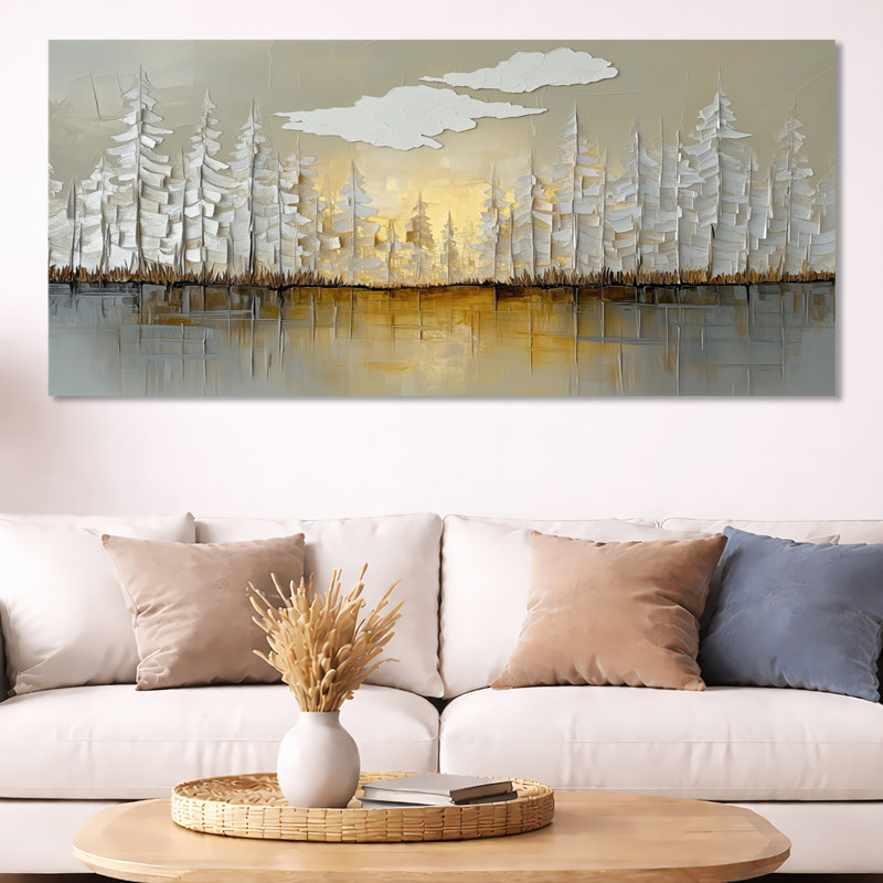 Art mural moderne forêt moderne, toile horizon doré, forêt moderne gris doré, H 28 po x l 60 po, Toile tendue