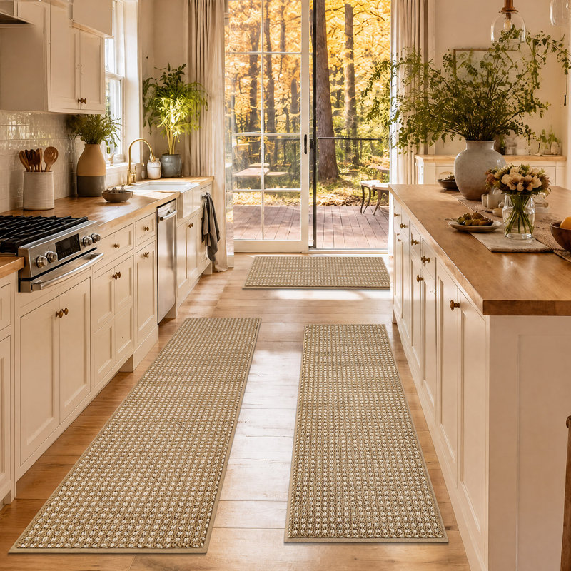 Ensemble de tapis de cuisine tissés avec envers antidérapant, résistants aux taches et absorbants, 17*29+17*48+17*59, Beige