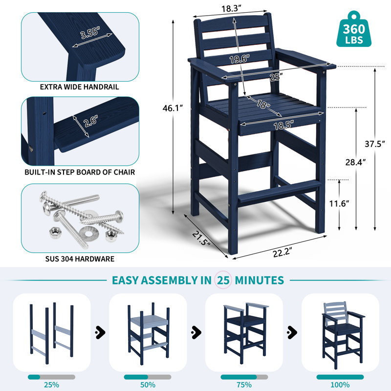 Ensemble de 5 grandes chaises de bar Adirondack - Siège de patio en PEHD toutes saisons, Marine