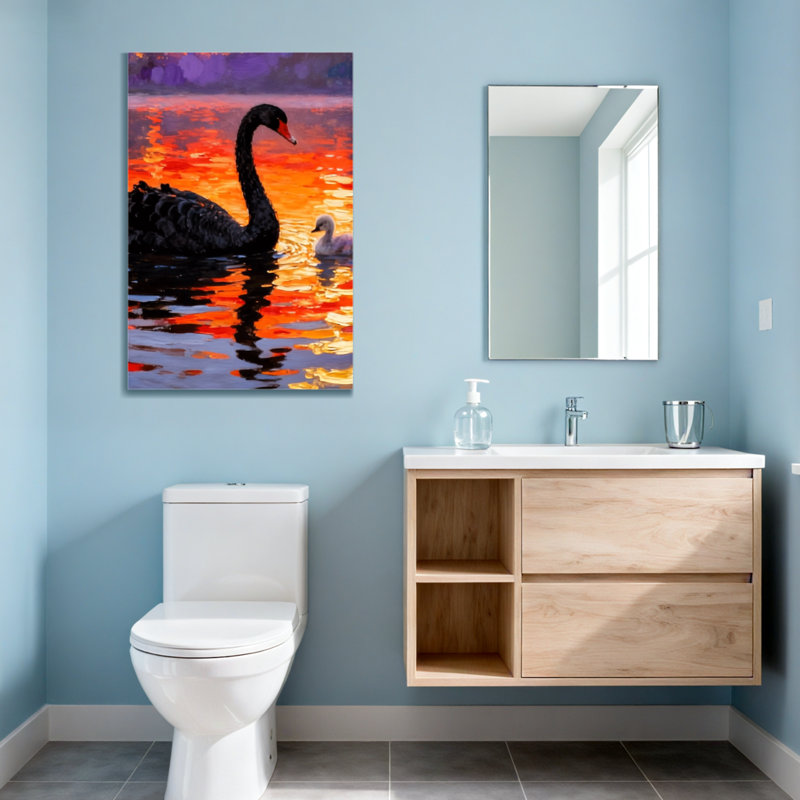 Animals Black Swan And Cygnet At Sunset, 18" H x 12" W