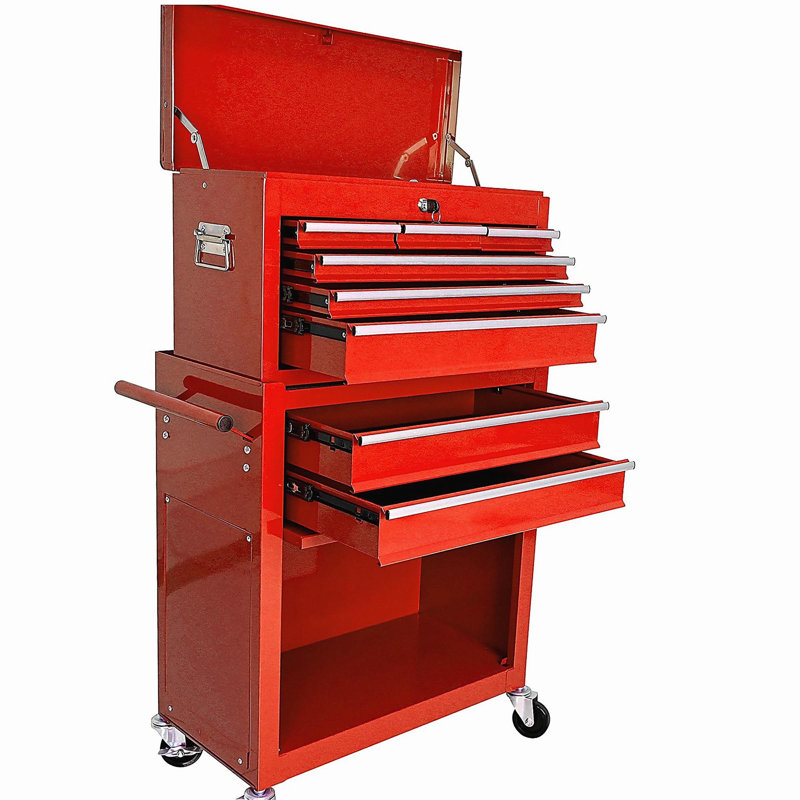 Coffre à outils à grande capacité avec roulettes et tiroirs, armoire de rangement pour outils à 8 tiroirs, Rouge