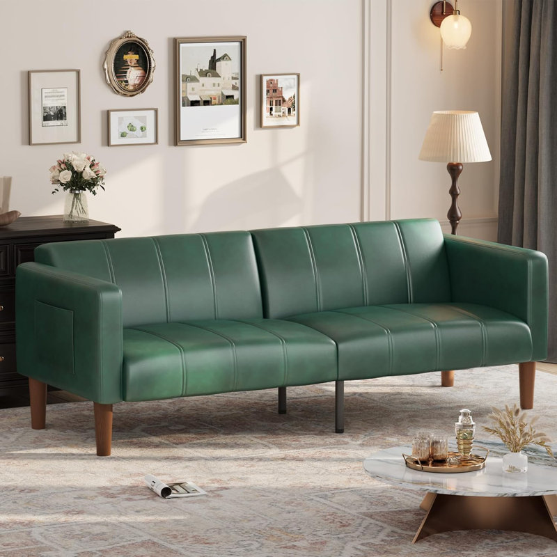 75 in Futon Sofa Bed, Convertible Sleeper, Faux Leather Small Couch, Loveseat, Mid-Century Modern Couch for Living Room, Bedroom,Green