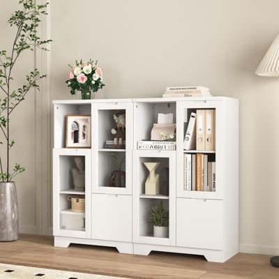 Armoire peinte en panneau de fibres à densité moyenne avec portes et tiroir en verre, espace de rangement ouvert, blanc, chambre à coucher, salon, buffet