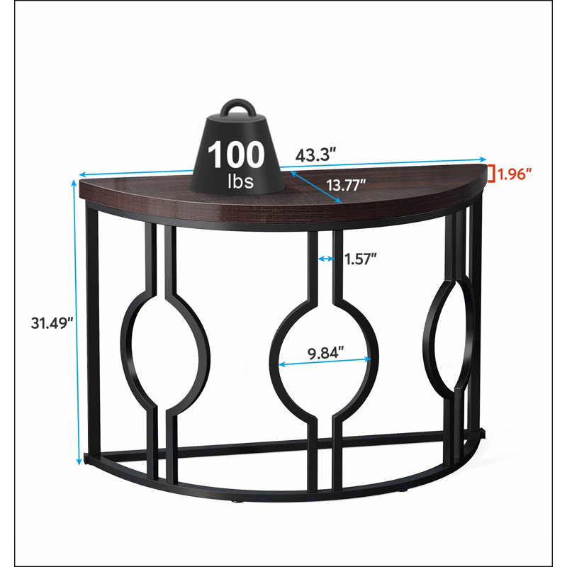 Half Moon Console Table for Entryway, 43 Inch Industrial Semi Circle Sofa Table with Geometric Base, Wood Accent Table for Living Room, Hallway, Foyer, Entrance