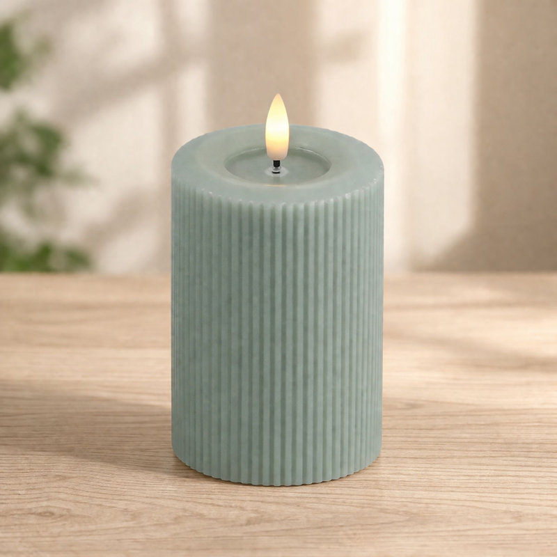 FIA Wick Sage Ribbed Pillar Candle (Set of 2), 3"D x 4"H