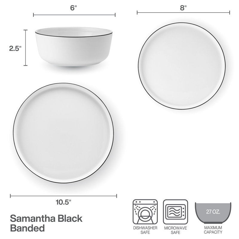 Mikasa Samantha Banded Dinnerware Set, 12 Piece, Service For 4, White/Black