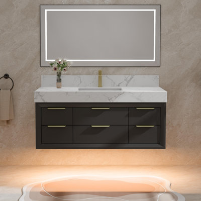 48 Inch Wall Mount Single Basin Floating Bathroom Vanity, Black Solid Oak Veneer Plywood Cabinet, Solid Surface Sink Top, Vanity with Antique Bronze Hardware for Contemporary Bathroom