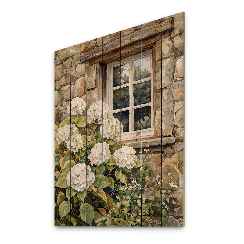 Hydrangeas In A Stone Cottage Garden II - Hydrangea Wood Wall Decor - On Natural Pine Wood, 44" H x 34" W x 0.78" D