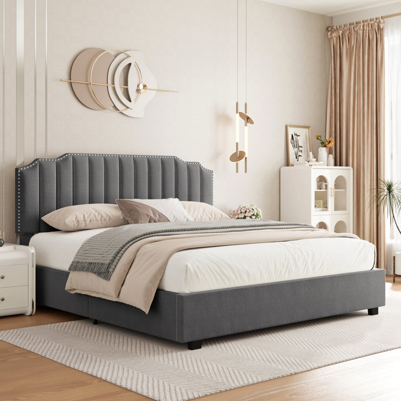 Lit plateforme en velours Life Up pour chambre à coucher, Double, Gris