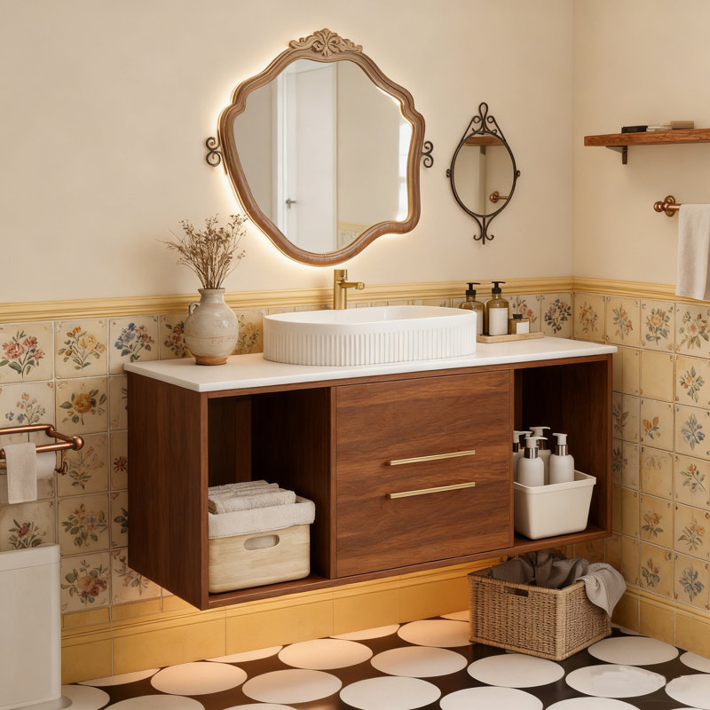 40" Single Floating Vanity With Oval Ceramic Sink, Modern Solid Wood Bathroom Cabinet，Drain Pipe Includes, Brown Wood