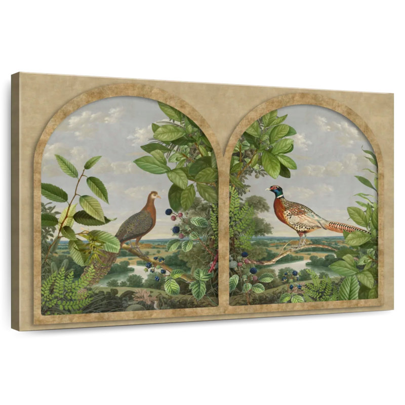 Fenêtre antique avec oiseaux nordiques, H 32 po x l 48 po