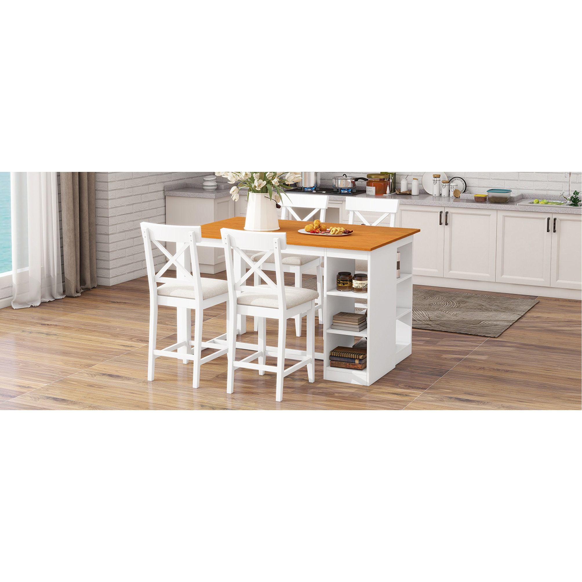 August Grove Solid Wood Farmhouse Counter Height Dining Table Set With ...