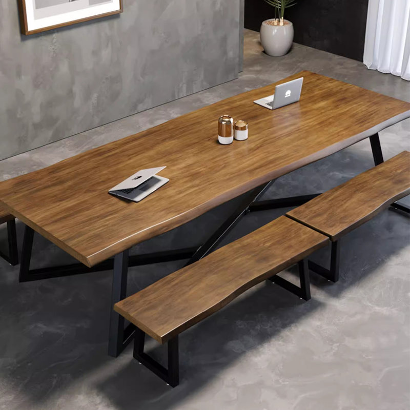 Table de conférence rectangulaire en noyer clair + bois massif noir + fer, H 29,53 po x L 86,61 po x l 35,43 po