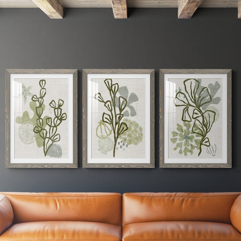 Coral Blockprint I - ensemble de 3 reproductions de cadres photo, gris, H 20 po x l 51 po x P 1,5 po