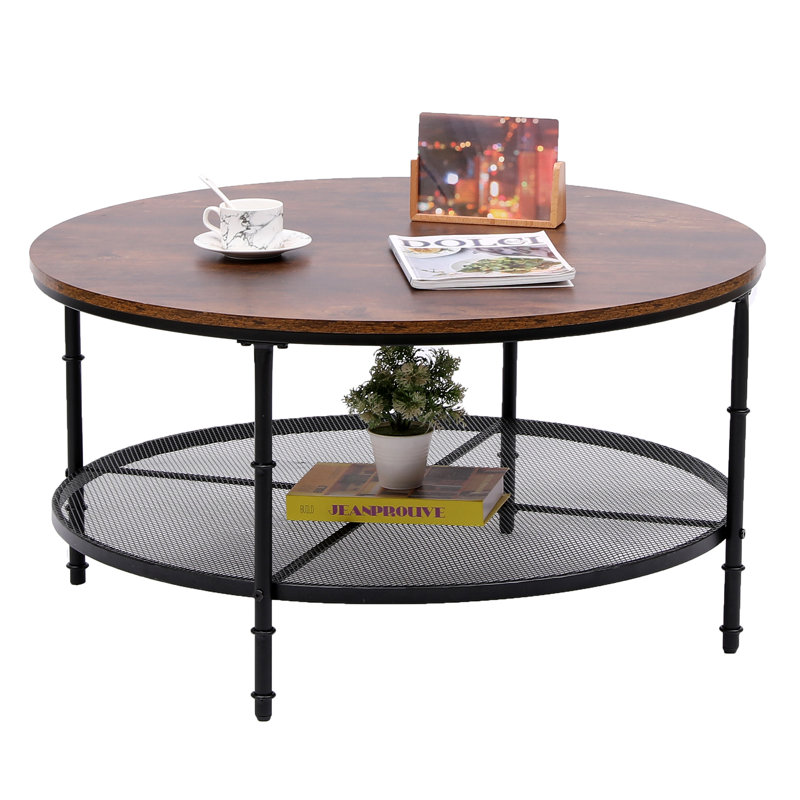 Table basse ronde à 2 niveaux avec plateau en bois rustique et structure en métal, table d'appoint industrielle avec rangement, brun noyer