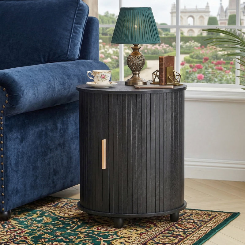 18" Round Fluted Nightstand With Charging Station - Boho Side Table With Sliding Door - 19.5" High Circular Bedside Table With Type-C & USB Ports - Natural