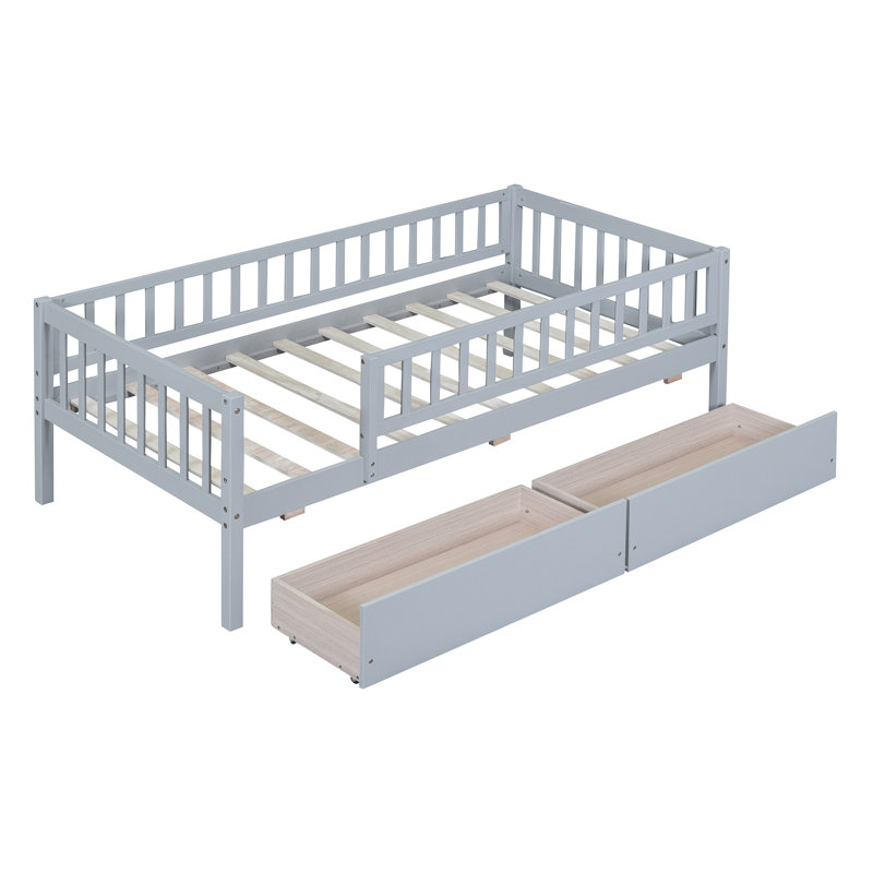 Lit de jour simple gris avec deux tiroirs - Structure en bois pour plus d'espace de rangement, Gris, Lit simple